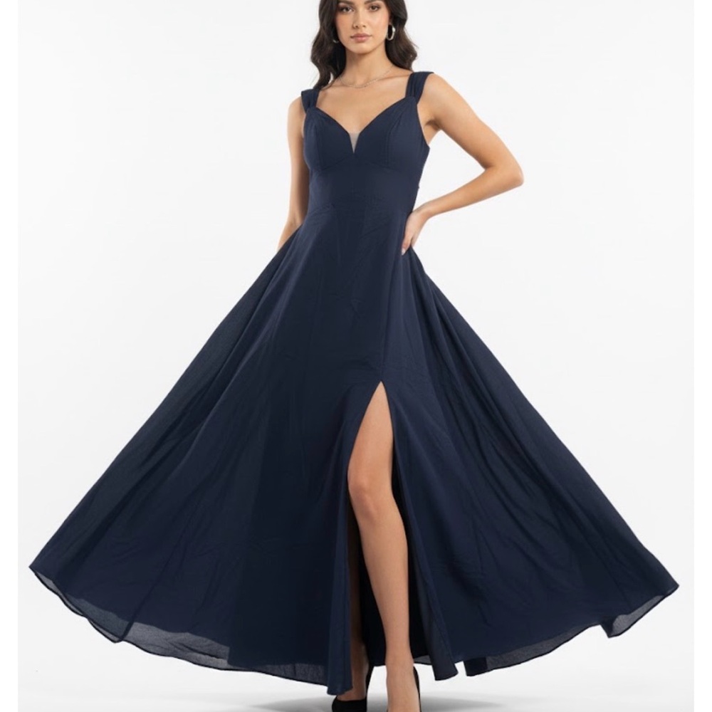 Navy Blue Sweetheart A-Line Evening Gown High Slit Maxi - size 4
